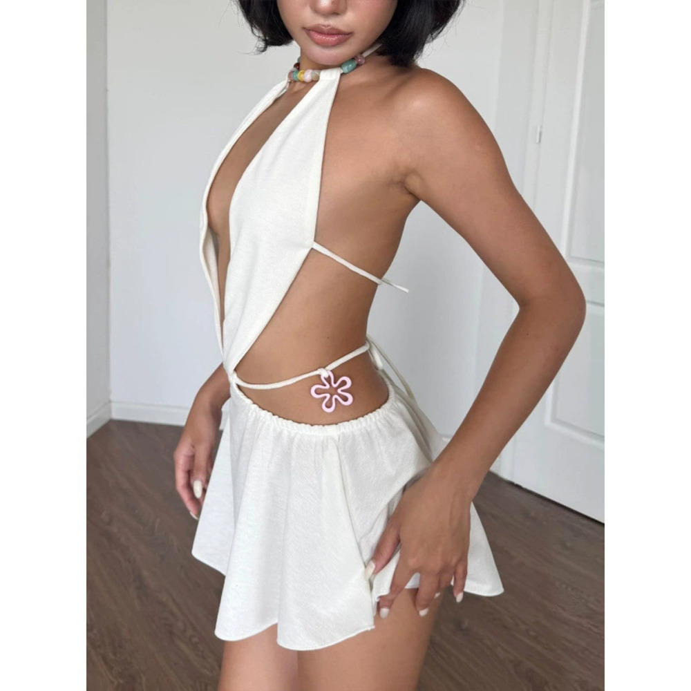 Zara Summer Beach Vacation Beaded Cutout Halter Dress